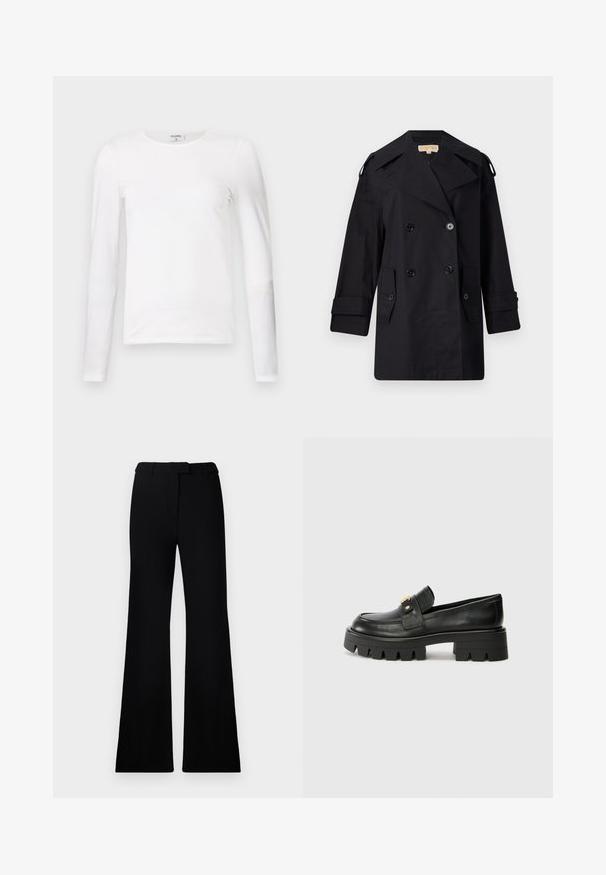 Zwarte dubbelzijdige trenchcoat met een brede kraag, knopen en zijzakken. Gemaakt van een gladde stof met een rechte snit en opgerolde mouwen.; Witte lange mouwen T-shirt van zacht katoen, met een ronde hals en een slank fit ontwerp met schone naden en zonder zichtbare patronen.; Zwarte uitlopende broek met een soepele textuur, een op maat gemaakte tailleband en voorzakken, ontworpen met een elegante, moderne silhoeët.; Zwarte leren instappers met een chunky zool, met een goudkleurige accent aan de voorkant en een gladde afwerking. Chunky profielontwerp op de zool.