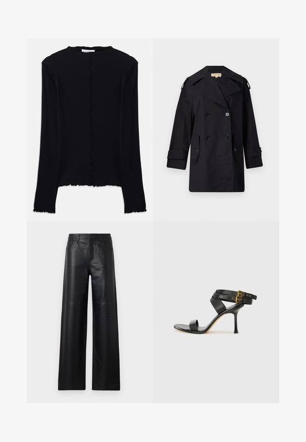 Crni dvostruko duguljasti kaput s širokim ovratom, kopčama i bočnim džepovima. Izrađen je od glatkog materijala s ravnim krojem i rukavima s manžetama.; Crna majica dugih rukava od mekog materijala. Ima ovratnik i rub s valovitim dizajnom, s jednostavnim, prilagodljivim krojem. Bez dodatnih ukrasa.; Široke crne kožne hlače s glatkom teksturom, koje imaju prednje džepove, kopčanje na dugme i suptilne detalje šivanja.; Crne sandale s petom sa preklapanim trakama i podesivim kopčanjem. Imaju glatku teksturu i suženi stiletto potplat.
