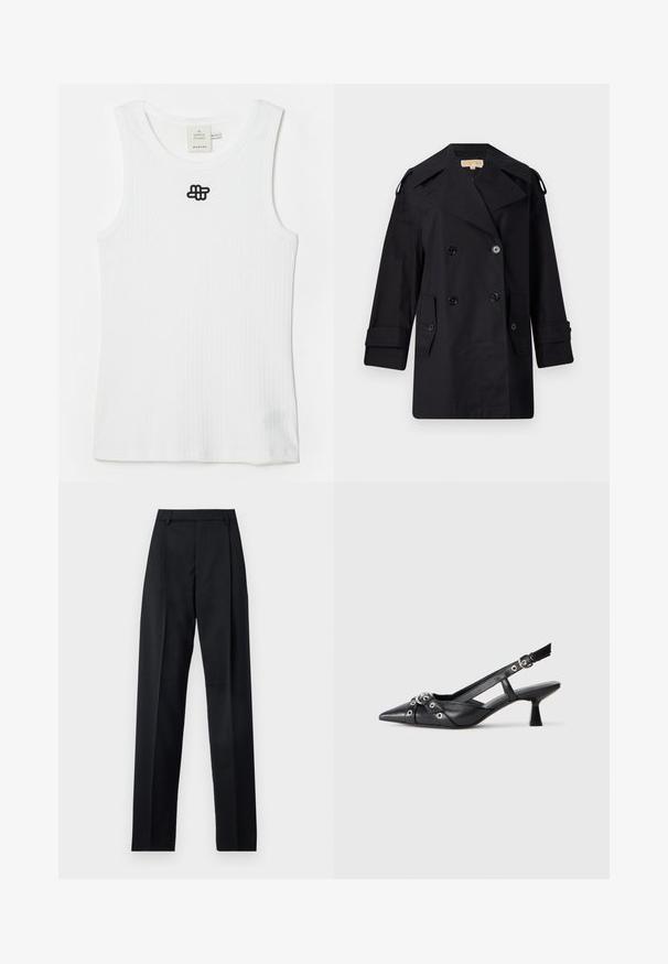 Black double-breasted trench coat with a wide collar, buttons, and side pockets. Made from a smooth fabric with a straight cut and cuffed sleeves.; White ribbed tank top made of cotton, featuring a round neckline and a black embroidered logo on the upper left. Simple design, sleeveless.; Black trousers made from smooth fabric featuring a high waist, wide legs, front pleats, and classic belt loops. No side pockets visible.; Black leather slingback shoe with a pointed toe, decorative straps featuring metal eyelets, and a low block heel. Textured surface.