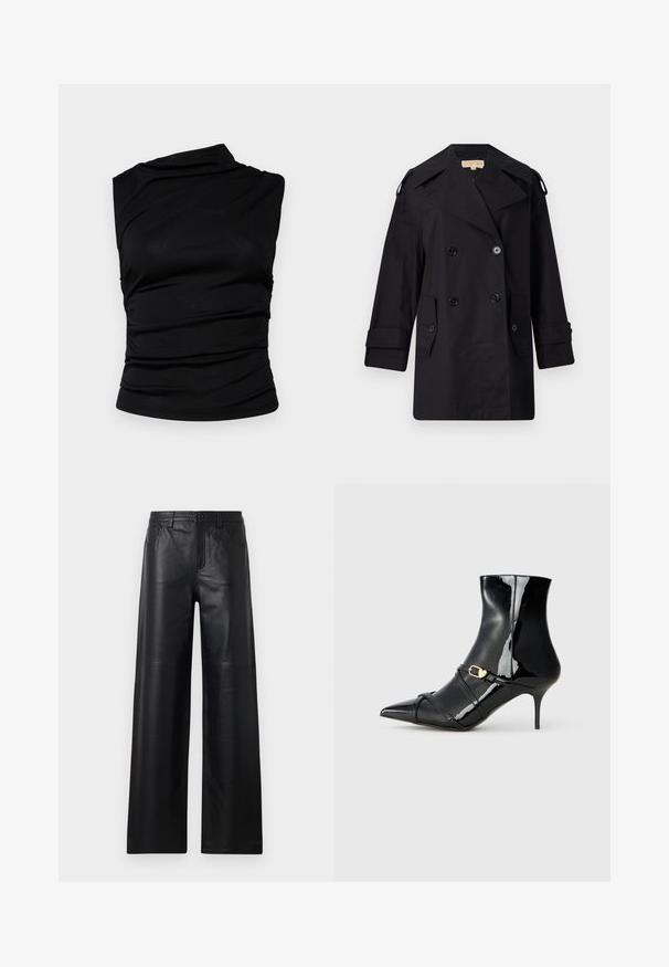 Juodas dvigubas paltas su plačiu apykakle, mygtukais ir šoninėmis kišenėmis. Pagamintas iš lygaus audinio su tiesia kirpimo linija ir rankovėmis su atvartais.; Juodas be rankovių viršus su asimetriniu iškirpimu, pasižymintis susiraukšlėta medžiaga, suteikiančia tekstūrą ir pritaikyta silueto forma. Lygus, elastingas audinys.; Plačios kelnės iš juodos odos su lygiu paviršiumi, turinčios priekinės kišenes, mygtuko užsegimą ir subtilius siuvinėjimo akcentus.; Juodos lakuotos odos aulinukai iki kulkšnies, su smailiu nosiu, plonu kulnu ir dviem plonomis dirželių juostomis su auksiniu sagtimi. Visiškai lygus, blizgantis paviršius.