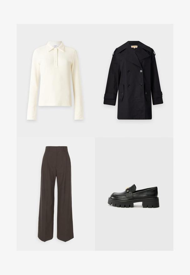 Fekete dupla gombos trench kabát széles gallérral, gombokkal és oldalsó zsebekkel. Simább anyagból készült, egyenes szabású és felhajtott ujjú.; Krém színű bordázott, hosszú ujjas pólóing, nyakkal és három gombos patenttal. Az ujjak illeszkedő mandzsettákkal rendelkeznek, és puha, texturált anyagból készült.; Sötétbarna, bő szárú nadrág magas derékkal, tisztán vasalt redőkkel, sima textúrával és testhez simuló fazonnal.; Fekete bőr loaferek masszív talppal, elöl arany színű díszítéssel és sima felülettel. A talpon vastag mintázat található.
