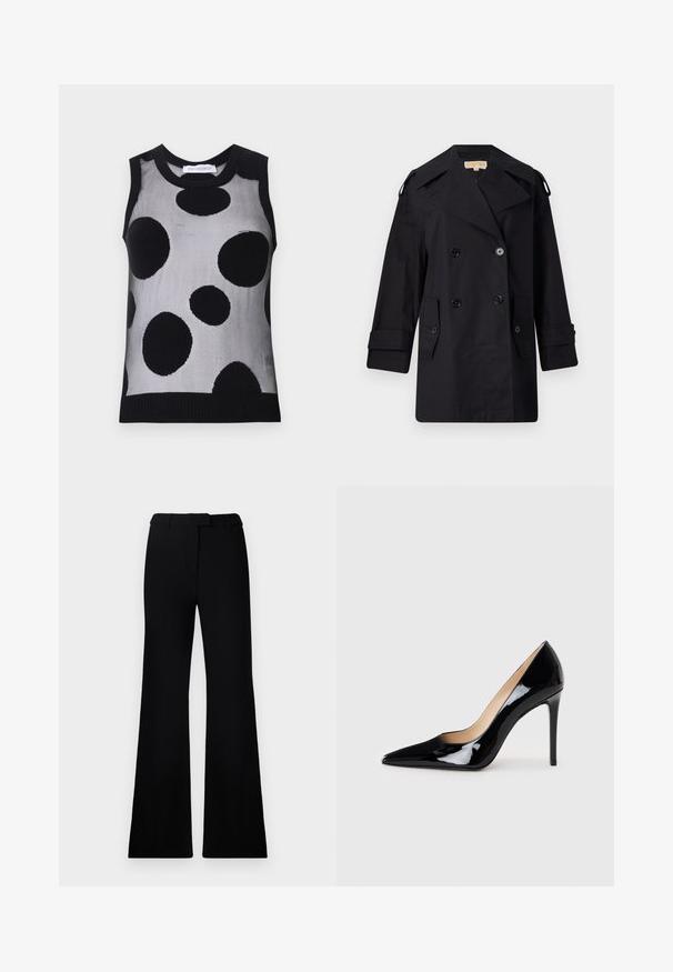 Schwarzer doppelter Trenchcoat mit breitem Kragen, Knöpfen und Seitentaschen. Hergestellt aus einem glatten Stoff mit geradem Schnitt und umgeschlagenen Ärmeln.; Schwarzes und graues ärmelloses Stricktop mit großen schwarzen Punkten auf einem hellgrauen Hintergrund. Gerippter Ausschnitt und Saum.; Schwarze ausgestellte Hose mit einer glatten Textur, tailliertem Bund und Fronttaschen, entworfen mit einer eleganten, modernen Silhouette.; Schwarze Lackleder-Pumps mit High Heels und spitzem Design sowie einer eleganten Silhouette. Verfügt über eine glatte, glänzende Oberfläche und einen schlanken Stiletto-Absatz.