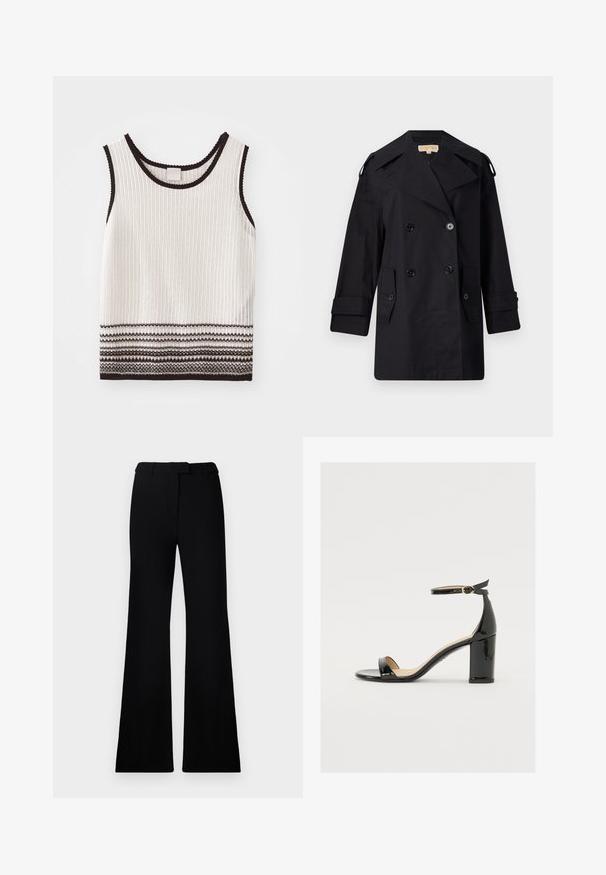 Zwarte dubbelzijdige trenchcoat met een brede kraag, knopen en zijzakken. Gemaakt van een gladde stof met een rechte snit en opgerolde mouwen.; Witte geribde tanktop met zwarte afwerking en decoratieve horizontale strepen aan de zoom. De stof lijkt textuur te hebben en nauwsluitend te zijn.; Zwarte uitlopende broek met een soepele textuur, een op maat gemaakte tailleband en voorzakken, ontworpen met een elegante, moderne silhoeët.; Zwarte lakleren sandaal met een brede hak, open teen en enkelbandje met een gouden gesp. Zachte textuur en strak ontwerp.