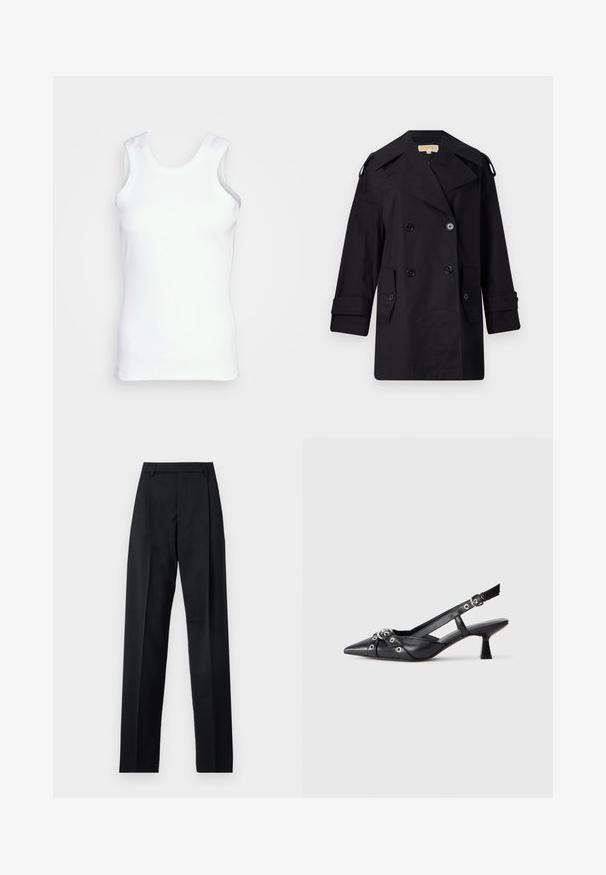 Juodas dvigubas paltas su plačiu apykakle, mygtukais ir šoninėmis kišenėmis. Pagamintas iš lygaus audinio su tiesia kirpimo linija ir rankovėmis su atvartais.; Balta rankovių marškinėliai iš dryžuotos medvilnės. Turintys apvalią iškirptę ir šonus siūlus, turi prigludusią išvaizdą ir lygų paviršių.; Juodos kelnės iš lygaus audinio, pasižyminčios aukštu liemeniu, plačiomis kojomis, priekinėmis klostėmis ir klasikiais diržo kilpomis. Šoninių kišenių nematyti.; Juodas odinis slingback tipo batai su smailiu priekiniu atvartu, dekoratyvinėmis sagtimis su metaliniais akyčiais ir žemu blokiniu kulnu. Saldus paviršius.