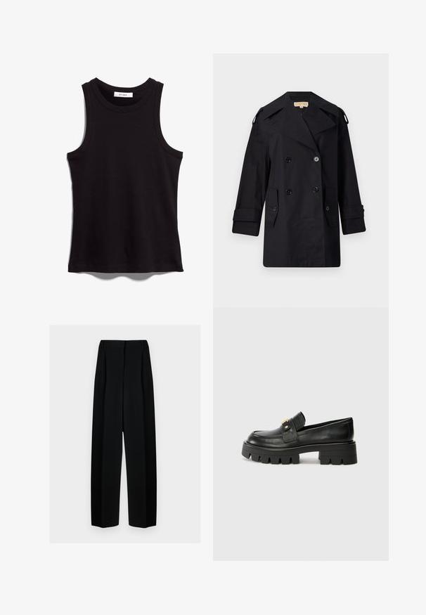 Cămașă neagră, cu dublu rând de nasturi, trenci cu guler larg, nasturi și buzunare laterale. Fabricată dintr-un material neted, cu o croială dreaptă și mâneci cu mansete.; Top negru din material cu riburi. Prezintă un guler rotund și umeri largi. Bretele drepte cu detalii cusute. Design simplu.; Pantaloni negri evazați cu talie înaltă, având plisseuri și o textură netedă. Țesătura pare ușoară și se așază elegant.; Mocasini negri din piele cu o talpă groasă, având un accent aurit în față și un finisaj neted. Design cu ștanțare groasă pe talpă.