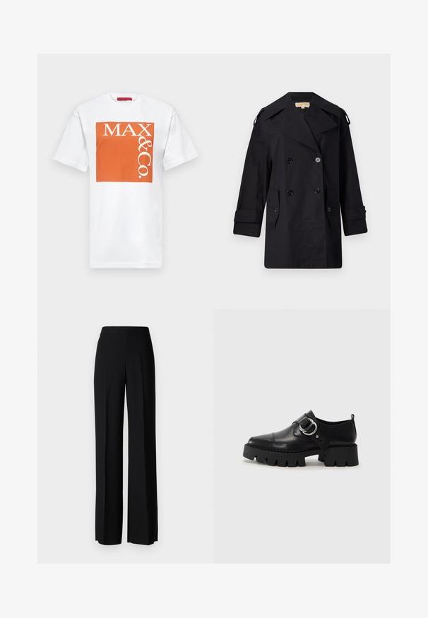 Melnā divrindas trencote ar platu apkakli, pogām un sānu kabatām. Izgatavots no gludas auduma ar taisnu piegriezumu un aproču piedurknēm.; MAX&Co. TEE - Apdrukāts T-krekls - orange; Melni platleği bikses ar gludu tekstūru, ar augstu jostasvietu un centrālajām krokām. Nav redzamu rakstu vai aparatūras detaļu.; Melni ādas apavi ar masīvu, rievojumu zoli, ar apaļu sudraba aksesuāru un minimālām šuvēm.