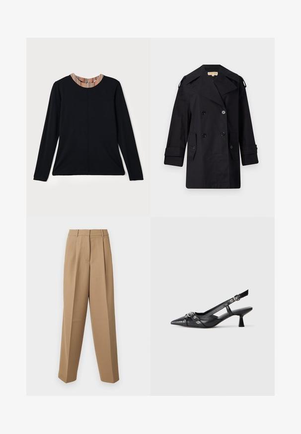 Fekete dupla gombos trench kabát széles gallérral, gombokkal és oldalsó zsebekkel. Simább anyagból készült, egyenes szabású és felhajtott ujjú.; Fekete, hosszú ujjú felső, kerek kivágással, melynek gallérján színes csíkos díszítés található. Simaszerkezetű anyag, laza szabású.; Beige színű, magas derekú, plissézett elejű és széles szárú, testre szabott nadrág. Az anyag sima tapintású, enyhe fénylő hatással.; Fekete bőr slingback cipő hegyes orral, dekoratív pántokkal, fém szemekkel és alacsony blokk sarkú. Texturált felület.