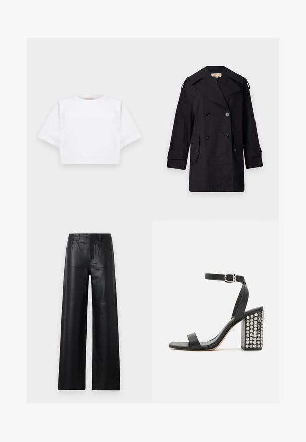 Black double-breasted trench coat with a wide collar, buttons, and side pockets. Made from a smooth fabric with a straight cut and cuffed sleeves.; Cropped white t-shirt made of soft fabric, featuring short sleeves, a round neckline, and ribbed hem details. Simple and unembellished design.; Wide-leg black leather pants with a smooth texture, featuring front pockets, a button closure, and subtle stitching details.; Black leather heeled sandals with an ankle strap. Features a square toe, smooth texture, and square block heel adorned with silver studs.