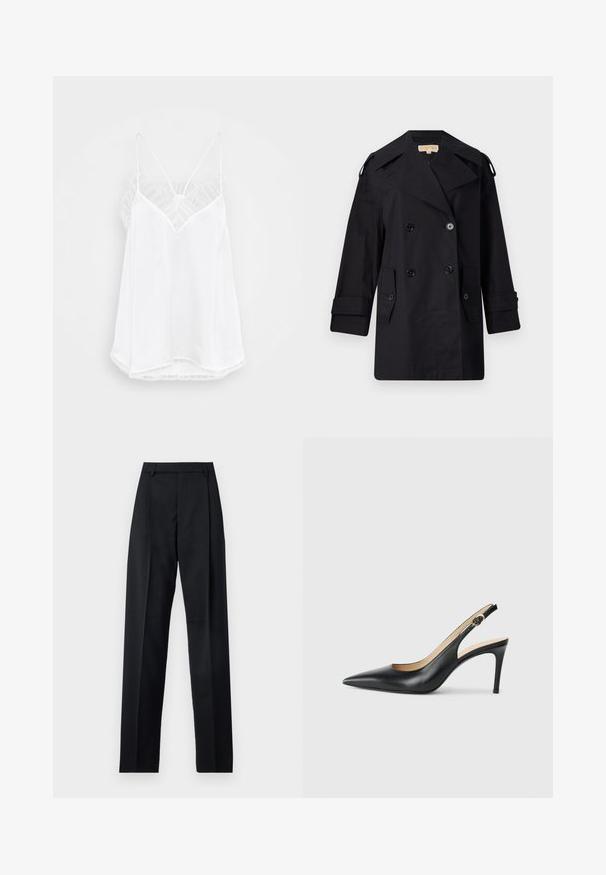 Crni dvostruko duguljasti kaput s širokim ovratom, kopčama i bočnim džepovima. Izrađen je od glatkog materijala s ravnim krojem i rukavima s manžetama.; Bijela majica bez rukava s dizajnom u obliku slova V, tankim trakama, teksturiranim čipkastim detaljima na ramenima i zaobljenim rubom. Glatka tekstura tkanine.; Crne hlače od glatkog materijala s visokim strukom, širokim nogavicama, prednjim pregibima i klasičnim petljama za remen. Nema vidljivih bočnih džepova.; Crne kožne slingback visoke potpetice s šiljastim nosom, podesivim trakama i elegantnim stiletto potpeticama, s glatkom završnom obradom.