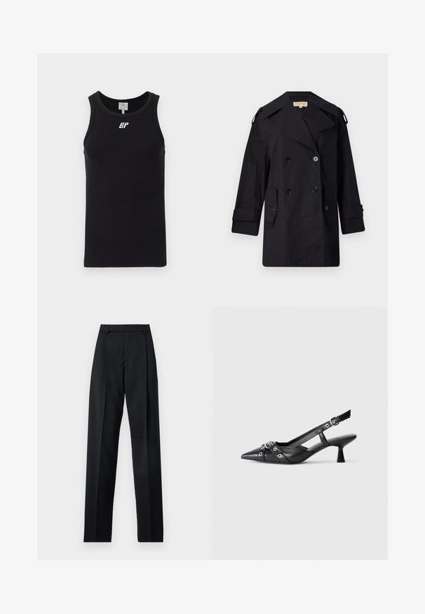 Black double-breasted trench coat with a wide collar, buttons, and side pockets. Made from a smooth fabric with a straight cut and cuffed sleeves.; Black sleeveless tank top made of ribbed fabric, featuring a round neckline and a white logo on the chest. Simple design with no patterns.; Black trousers made from smooth fabric featuring a high waist, wide legs, front pleats, and classic belt loops. No side pockets visible.; Black leather slingback shoe with a pointed toe, decorative straps featuring metal eyelets, and a low block heel. Textured surface.