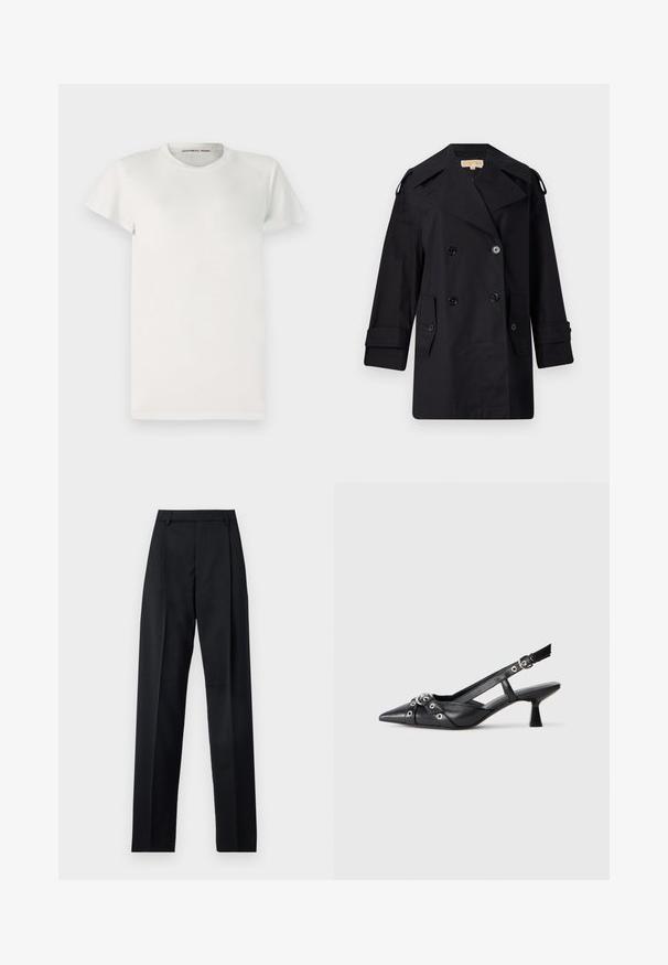 Crni dvostruko duguljasti kaput s širokim ovratom, kopčama i bočnim džepovima. Izrađen je od glatkog materijala s ravnim krojem i rukavima s manžetama.; Bijela majica kratkih rukava od pamuka s okruglim izrezom i jednostavnim krojem. Oznake unutar ovratnika prikazuju "DESIGNERS REMIX".; Crne hlače od glatkog materijala s visokim strukom, širokim nogavicama, prednjim pregibima i klasičnim petljama za remen. Nema vidljivih bočnih džepova.; Crne kožne cipele s remenom oko pete, s izduženim vrhom, dekorativnim trakama s metalnim rupama i niskom blok petom. Teksturirana površina.