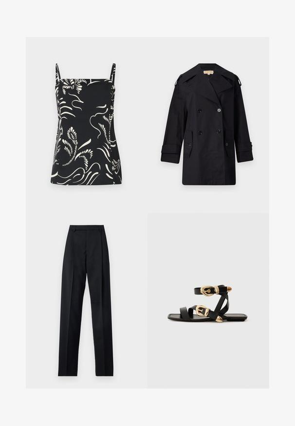 Čierny dvojradový trenčkot s širokým golierom, gombíkmi a bočnými vreckami. Vyrobený z hladkej látky s rovným strihom a manžetami.; Čierny top bez rukávov s bielym kvetinovým vzorom, s tenkými ramienkami a mierne rozšíreným strihom. Hladká tkanina s jemnou textúrou.; Čierne nohavice vyrobené z hladkej látky s vysokým pásom, širokými nohavicami, prednými záhybmi a klasickými pútkami na opasok. Žiadne bočné vrecká nie sú viditeľné.; Čierne kožené sandále so zlatými prackami, s viacerými pásikmi a plochou podrážkou pre otvorené nosenie.