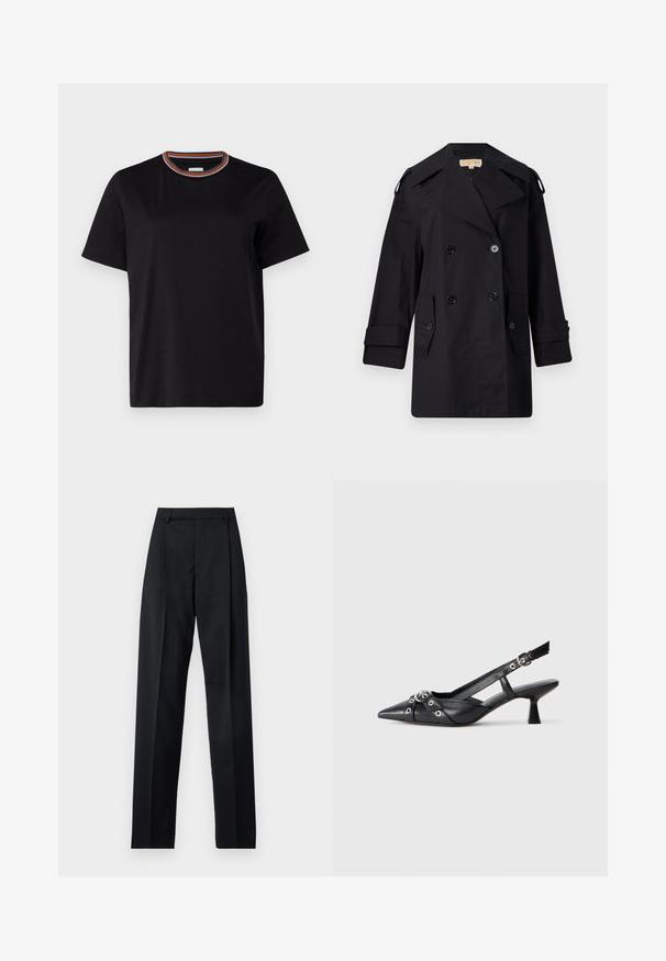 Černý dvojřadý trenčkot s širokým límcem, knoflíky a bočními kapsami. Vyroben z hladkého materiálu se rovnými liniemi a manžetovými rukávy.; Paul Smith WOMENS STRIPE NECK - Jednoduché tričko - black; Černé kalhoty vyrobené z hladké tkaniny, vybavené vysokým pasem, širokými nohavicemi, předními záhyby a klasickými poutky na opasek. Nejsou viditelné boční kapsy.; Černé kožené slingback boty s špičatou špičkou, dekorativními pásky s kovovými očky a nízkým blokovým podpatkem. Texturovaný povrch.