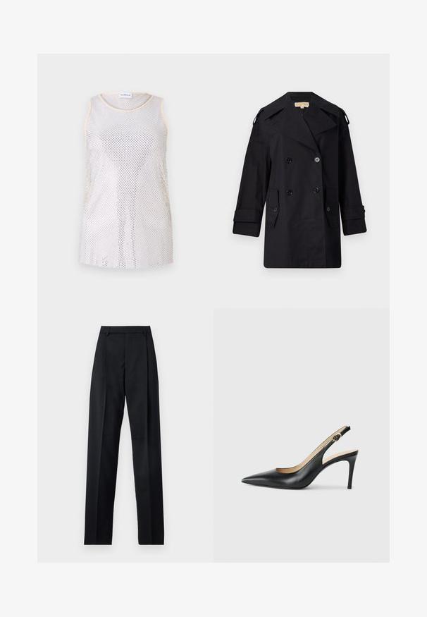 Schwarzer doppelter Trenchcoat mit breitem Kragen, Knöpfen und Seitentaschen. Hergestellt aus einem glatten Stoff mit geradem Schnitt und umgeschlagenen Ärmeln.; Ärmelloses Netzoberteil in Hellgrau mit rundem Halsausschnitt und einem dezenten beigen Besatz. Der Stoff hat eine netzartige Textur mit gleichmäßig verteilten Löchern.; Schwarze Hosen aus glattem Stoff mit hoher Taille, weitem Bein, vorderen Falten und klassischen Gürtelschlaufen. Keine sichtbaren Seitentaschen.; Schwarze Leder-Slingback-High-Heels mit spitzem Zehenbereich, verstellbarem Riemen und schlankem Stiletto-Absatz, ausgestattet mit einer glatten Oberfläche.