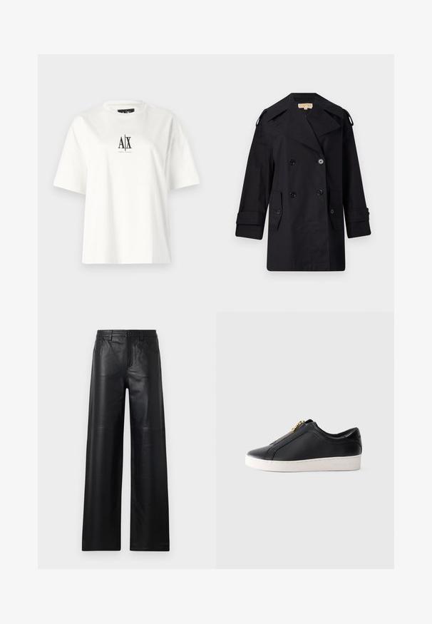 Black double-breasted trench coat with a wide collar, buttons, and side pockets. Made from a smooth fabric with a straight cut and cuffed sleeves.; White cotton t-shirt featuring short sleeves, a relaxed fit, and a black logo print on the front center. Smooth texture, no additional patterns.; Wide-leg black leather pants with a smooth texture, featuring front pockets, a button closure, and subtle stitching details.; Black low-top leather sneaker with white sole and gold zipper closure, side view, minimalist style on plain background.