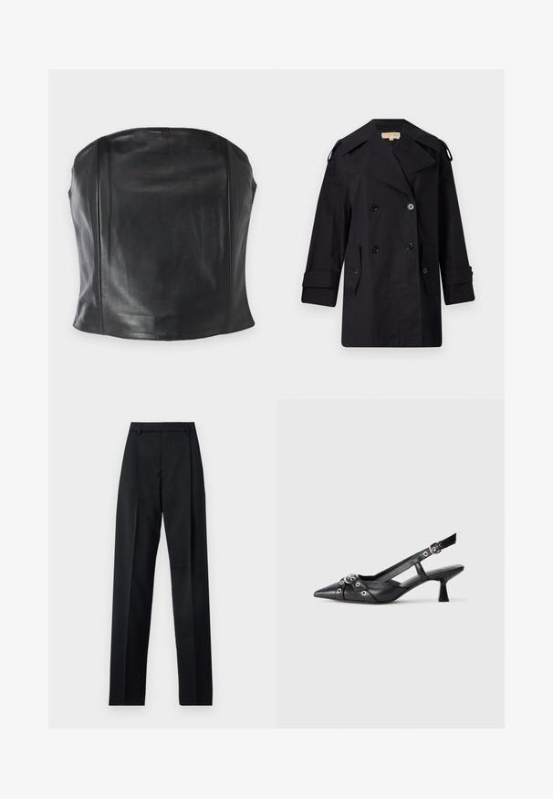 Mustat kaksiriviset trench-coatit laajalla kauluksella, napit ja sivutaskut. Valmistettu sileästä kankaasta, suoralinjainen malli ja käänteillä varustetut hihat.; Mustat nahkainen olkaimeton toppi, jossa on muotoiltu malli, sileä tekstuuri ja hienovaraiset saumat vartalon ympärillä räätälöidyn ilmeen saavuttamiseksi.; Musta housut, jotka on valmistettu sileästä kankaasta ja joissa on korkea vyötärö, leveät lahkeet, etukaarteet ja klassiset vyölenkit. Ei näkyviä sivutaskuja.; Mustat nahkakengät, joissa on avonainen takaosa ja kärjessä terävä muoto, koristevyöt, joissa on metalliset reiät, sekä matala lohkoepohja. Teksturoitu pinta.