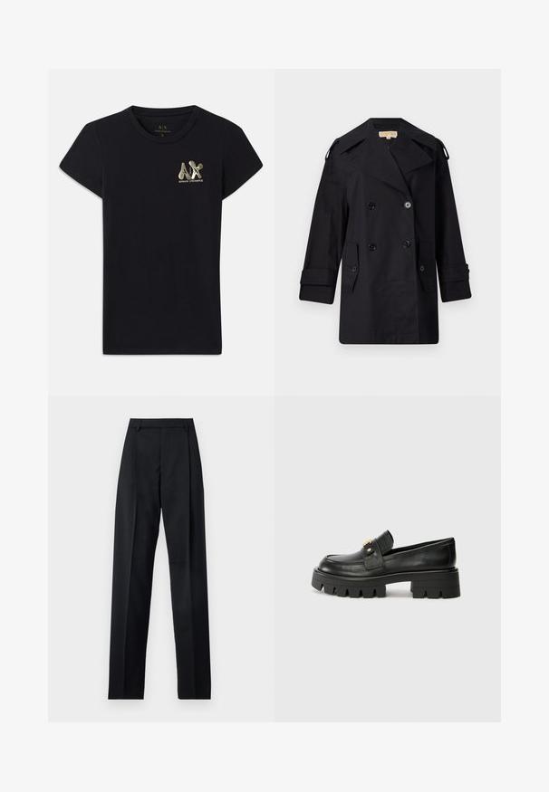 Mustat kaksiriviset trench-coatit laajalla kauluksella, napit ja sivutaskut. Valmistettu sileästä kankaasta, suoralinjainen malli ja käänteillä varustetut hihat.; Mustapaitainen t-paita lyhyillä hihoilla, jossa on kultainen "A|X" -logo ja "ARMANI EXCHANGE" vasemmassa rinnassa. Vakio pyöreä kaula-aukko.; Musta housut, jotka on valmistettu sileästä kankaasta ja joissa on korkea vyötärö, leveät lahkeet, etukaarteet ja klassiset vyölenkit. Ei näkyviä sivutaskuja.; Mustat nahkakengät, joissa on paksu pohja, kultaisella korostuksella edessä ja sileällä pinnalla. Paksu kuvio pohjassa.