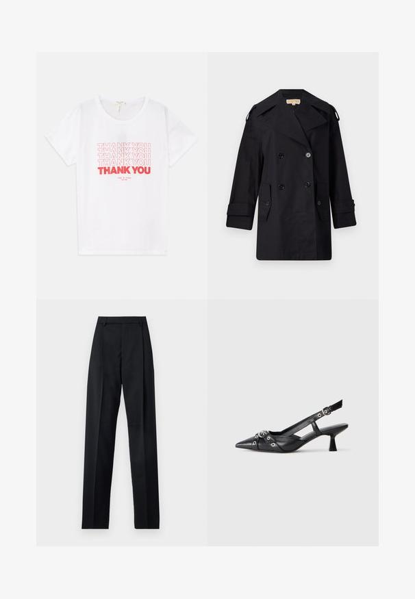 Fekete dupla gombos trench kabát széles gallérral, gombokkal és oldalsó zsebekkel. Simább anyagból készült, egyenes szabású és felhajtott ujjú.; Fehér pamut póló, piros "KÖSZÖNÖM" grafikákkal, környakú és rövid ujjú. A szöveg különböző betűméretekben.; Fekete nadrág sima anyagból, magas derékkal, széles lábakkal, elülső redőkkel és klasszikus övhurkokkal. Oldalzsebek nem láthatók.; Fekete bőr slingback cipő hegyes orral, dekoratív pántokkal, fém szemekkel és alacsony blokk sarkú. Texturált felület.