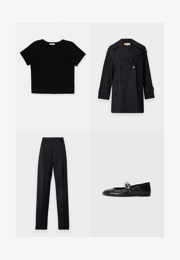Abrigo de trinchera negro de doble botonadura con un amplio cuello, botones y bolsillos laterales. Fabricado en una tela suave con un corte recto y mangas con puños.; Camiseta corta negra hecha de algodón suave, con mangas cortas, escote redondo y un dobladillo limpio sin adornos.; Pantalones negros de tela suave con cintura alta, piernas amplias, pliegues frontales y lazos de cinturón clásicos. No hay bolsillos laterales visibles.; Mocasines de ballet de cuero negro con punta afilada, que cuentan con una correa con un cinturón metálico circular y una suela plana.