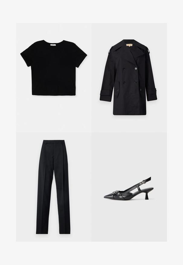 Juodas dvigubas paltas su plačiu apykakle, mygtukais ir šoninėmis kišenėmis. Pagamintas iš lygaus audinio su tiesia kirpimo linija ir rankovėmis su atvartais.; Juoda trumpa medvilninė marškinėliai, pagaminti iš minkštos medvilnės, turi trumpas rankoves, apvalų iškirpimą ir švarų apdailą be dekoracijų.; Juodos kelnės iš lygaus audinio, pasižyminčios aukštu liemeniu, plačiomis kojomis, priekinėmis klostėmis ir klasikiais diržo kilpomis. Šoninių kišenių nematyti.; Juodas odinis slingback tipo batai su smailiu priekiniu atvartu, dekoratyvinėmis sagtimis su metaliniais akyčiais ir žemu blokiniu kulnu. Saldus paviršius.