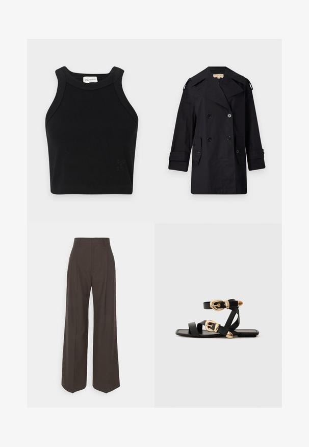 Juodas dvigubas paltas su plačiu apykakle, mygtukais ir šoninėmis kišenėmis. Pagamintas iš lygaus audinio su tiesia kirpimo linija ir rankovėmis su atvartais.; Juodas raštuotas trumpas viršus su prigludusia struktūra, plačiomis petnešomis ir subtiliu logotipo akcentu. Pagamintas iš elastingos medžiagos patogumui.; Tamsiai rudos platėjančios kelnės su aukštu liemeniu, pasižyminčios tvarkingai prispaustomis raukšlėmis, lygia tekstūra ir pritaikytu siluetu.; Juodos odinės šlepetės su auksiniais sagtelėmis, turinčios daugybę dirželių ir plokščią padą, skirtos atviriems pirštams.