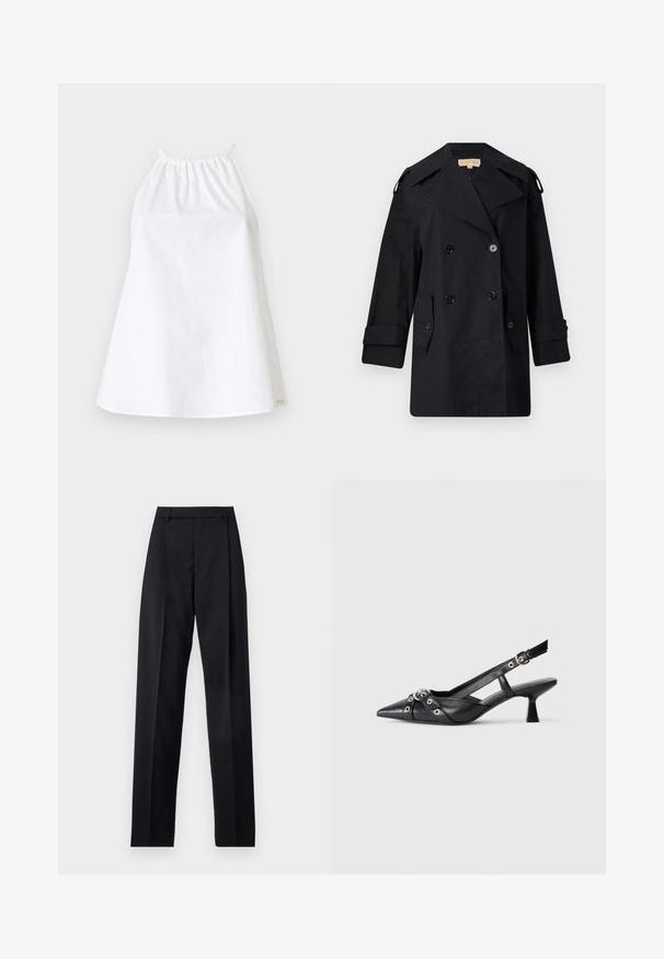 Sort dobbeltradet trenchcoat med bred krave, knapper og sidetaske. Lavet af et glat stof med lige snit og manchetter.; Hvid halterneck-top lavet af letvægtsstof med en elastisk halsudskæring og stropper. Enkel, løstsiddende design uden mønstre eller udsmykninger.; Sorte bukser lavet af glat stof, der har høj talje, brede ben, frontfolder og klassiske bælteløkker. Ingen synlige sidelommer.; Sort lædersandal med spids tå, dekorative stropper med metaløjer og en lav blokhæl. Struktureret overflade.