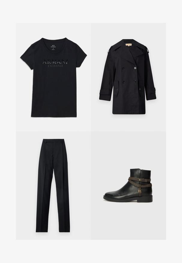 Črn dvojnikičasti plašč s širokim ovratnikom, gumbi in stranskimi žepi. Narejen iz gladkega materiala, z ravnim krojem in manšetami.; Črna kratka majica z kratkimi rokavi Armani Exchange z okroglo ovratnico in logotipom "ARMANI EXCHANGE" v sijajnem, pikčastem tisku na prsih.; Črne hlače iz gladkega materiala, ki imajo visok pas, široke noge, sprednje nabore in klasične zanke za pas. Nevidni stranski žepi.; Črne usnjene gležnjarje z ravnim podplatom, ki imajo rjav dekorativni trak in detajle iz pozlačenega materiala. Gladka tekstura.
