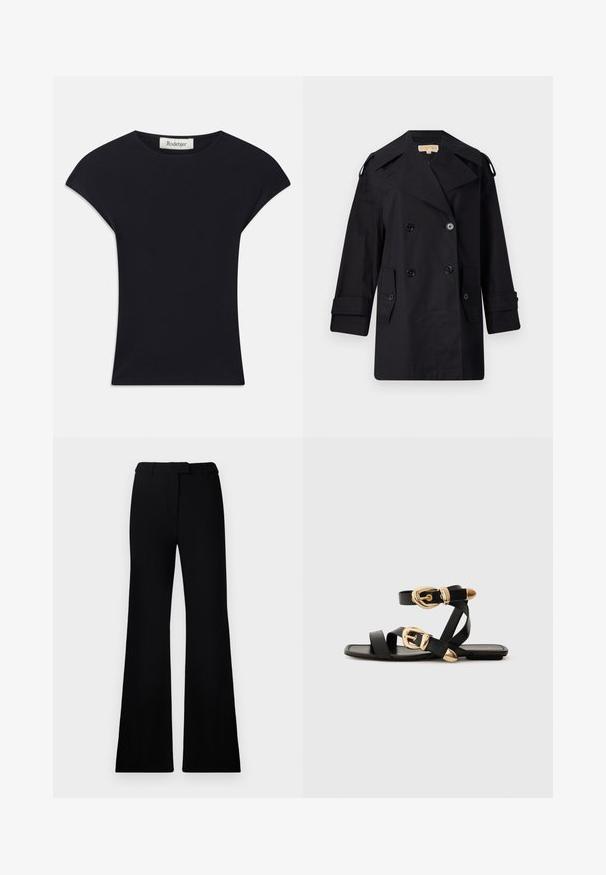 Fekete dupla gombos trench kabát széles gallérral, gombokkal és oldalsó zsebekkel. Simább anyagból készült, egyenes szabású és felhajtott ujjú.; Fekete, rövid ujjú felső, puha anyagból készült, kerek nyakkivágással és testhez simuló fazonnal, finom vállrész részletekkel. Címke látható.; Fekete, harangszárú nadrág sima textúrával, precíziós derékrésszel és elülső zsebekkel, amely egy sima, modern sziluettet tervez.; Fekete bőr szandál arany csattal, több hevederrel és lapos talpú dizájnnal, nyitott lábujjú viselethez.