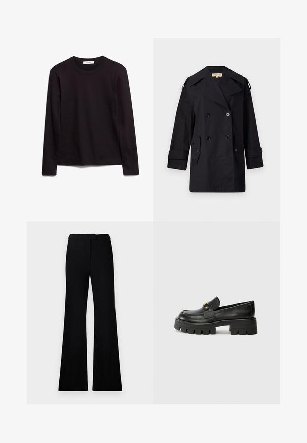 Must musta kahekordne trench coat laia kraega, nuppude ja küljetaskutega. Valmistatud siledast kangast, sirge lõike ja mansettidega varrukatega.; Must must sleeves ja ümar kaelusega must t-särk, mis on valmistatud tekstuuriga kangast. Sellel on sirge serv ja õmmeldud detailid kaeluses ja õlgadel.; Mustad flared püksid, millel on sile tekstuur, kohandatud vöökoht ja ees olevad taskud, kujundatud laisa, modernse siluetiga.; Mustast nahkfrontaalid, millel on paks tald, esiosas kullatooni aksent ja sile viimistlus. Talse paksu mustriga disain.