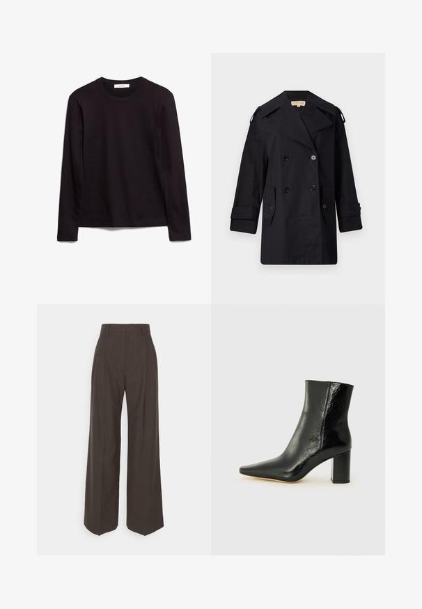 Black double-breasted trench coat with a wide collar, buttons, and side pockets. Made from a smooth fabric with a straight cut and cuffed sleeves.; Black long-sleeve crew neck t-shirt made of textured fabric, featuring a straight hem and stitched accents on the collar and shoulders.; Dark brown wide-leg trousers with a high waist, featuring neatly pressed creases, smooth texture, and a tailored fit.; Black ankle boot made of glossy leather with a pointed toe and a chunky, square heel. Features a smooth texture and minimalistic design.