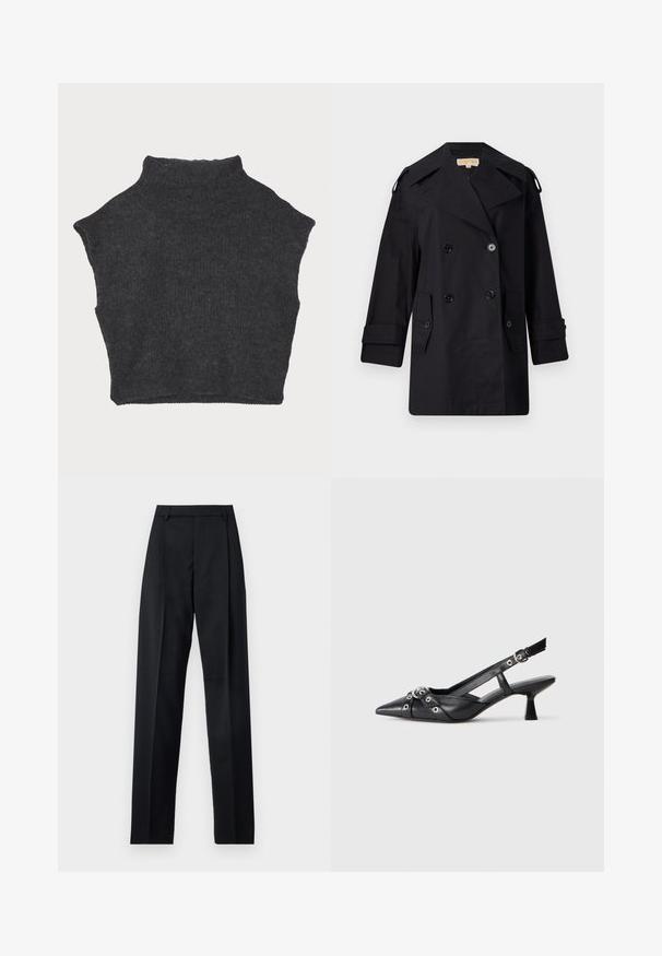 Must musta kahekordne trench coat laia kraega, nuppude ja küljetaskutega. Valmistatud siledast kangast, sirge lõike ja mansettidega varrukatega.; Tumehall cropped sviiter kõrge kaelusega, valmistatud tekstuuristkootud materjalist, lühikeste varrukatega ja sirge alläärega.; Mustad püksid siledast kangast, millel on kõrge vöökoht, laiad jalad, esimesed kortsud ja klassikalised vööloopid. Küljepockets pole nähtavad.; Must must have must toote tõmblukuga, dekoratiivsed rihmad metallist silmadega ja madal blokk-kand. Tekstureeritud pind.