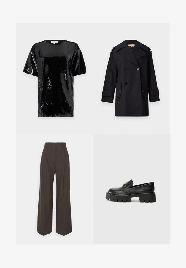 Zwarte dubbelzijdige trenchcoat met een brede kraag, knopen en zijzakken. Gemaakt van een gladde stof met een rechte snit en opgerolde mouwen.; Zwarte top met korte mouwen bedekt met pailletten, met een ronde halslijn en een over het algemeen gladde, reflecterende textuur.; Donkerbruine wijde broek met een hoge taille, voorzien van strak geplooide plooien, een zachte textuur en een op maat gemaakte pasvorm.; Zwarte leren instappers met een chunky zool, met een goudkleurige accent aan de voorkant en een gladde afwerking. Chunky profielontwerp op de zool.