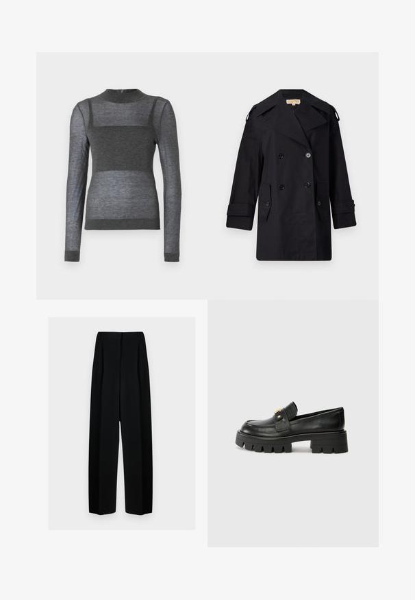 Črn dvojnikičasti plašč s širokim ovratnikom, gumbi in stranskimi žepi. Narejen iz gladkega materiala, z ravnim krojem in manšetami.; Siva dolgi rokav majica iz lahkega blaga z žabastim ovratnikom in polprosojnim črtastim vzorcem po torzu.; Črne široke hlače z visokim pasom, ki vključujejo naborke in gladko teksturo. Tkanina se zdi lahka in elegantno pada.; Črne usnjene loaferje z debelim podplatom, ki imajo zlatoten naglas na sprednji strani in gladko površino. Debela oblika profila na podplatu.