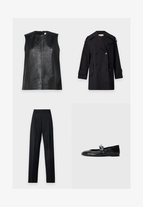 Czarny podwójnie zapinany płaszcz przeciwdeszczowy z szerokim kołnierzem, guzikami i bocznymi kieszeniami. Wykonany z gładkiego materiału, o prostym kroju i mankietach.; Czarny skórzany top bez rękawów o gładkim wykończeniu i kropeczkowej teksturze. Posiada okrągły dekolt oraz centralny zamek błyskawiczny z tyłu.; Czarne spodnie wykonane z gładkiego materiału, z wysokim stanem, szerokimi nogawkami, fałdami z przodu i klasycznymi szlufkami na pasek. Brak widocznych kieszeni bocznych.; Czarne skórzane baletki z wąskim noskiem, z paskiem z okrągłą metalową klamrą i płaską podeszwą.
