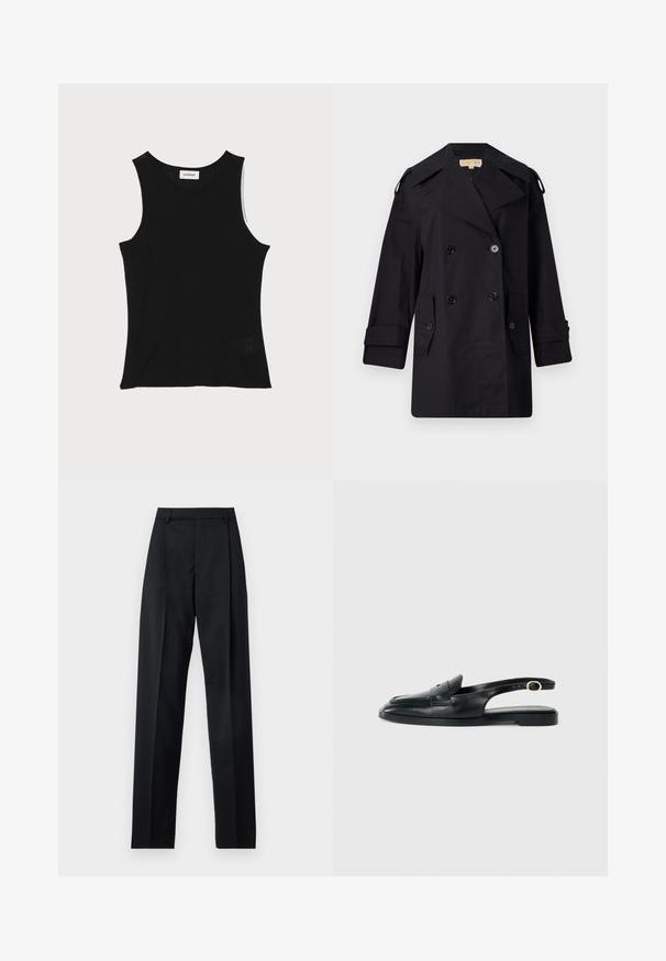 Črn dvojnikičasti plašč s širokim ovratnikom, gumbi in stranskimi žepi. Narejen iz gladkega materiala, z ravnim krojem in manšetami.; Črna rebrasta majica brez rokavov z okroglim izrezom in širokimi naramnicami, ki ima subtilno teksturirano površino in majhen mrežast detajl na robu.; Črne hlače iz gladkega materiala, ki imajo visok pas, široke noge, sprednje nabore in klasične zanke za pas. Nevidni stranski žepi.; Črne usnjene sandale na peto s zaobljenim nosom, ravnim podplatom, stranskim izrezom in trakom, ki vključuje detajl z zlatim tonom.