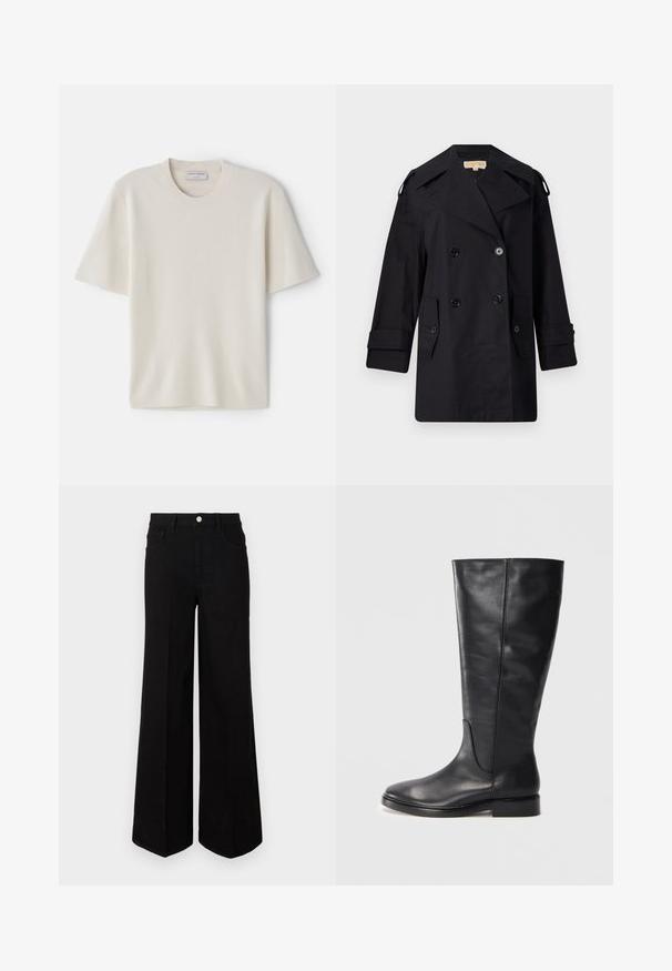 Sort dobbeltradet trenchcoat med bred krave, knapper og sidetaske. Lavet af et glat stof med lige snit og manchetter.; Cremefarvet T-shirt med korte ærmer og rund halsudskæring, lavet af blødt materiale, med lige snit og minimal detaljering.; Sorte vide ben-jeans lavet af robust stof, med høj talje, forlommer og en frontal knaplukning. Flad kant i bunden.; Sorte læderknæstøvler med lav hæl og rund tå, der viser syninger langs skaftet og vampen.