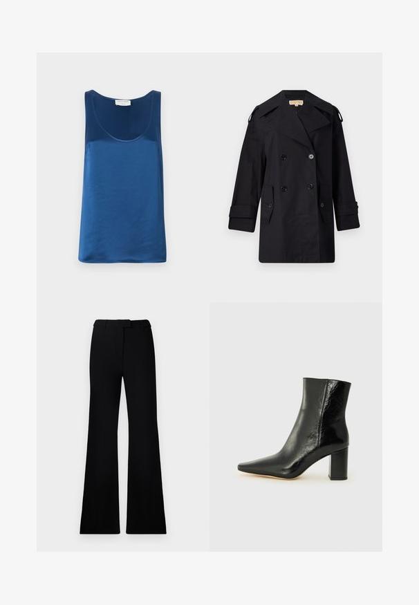 Juodas dvigubas paltas su plačiu apykakle, mygtukais ir šoninėmis kišenėmis. Pagamintas iš lygaus audinio su tiesia kirpimo linija ir rankovėmis su atvartais.; Mėlynas satino marškinėlis be rankovių su apvalia iškirpte ir plačiomis petnešomis, lygiu paviršiumi ir laisvu kirpimu.; Juodos platėjančios kelnės su lygiu paviršiumi, pritaikyta juosmeniu ir priekinių kišenių dizainu, sukurtos su modernia, elegantiška siluetu.; Juodos kulkšninių botai, pagaminti iš blizgaus odos, su smailiu nosiu ir storo kvadratinio kulno. Išsiskiria lygiu paviršiumi ir minimalizmo stiliumi.