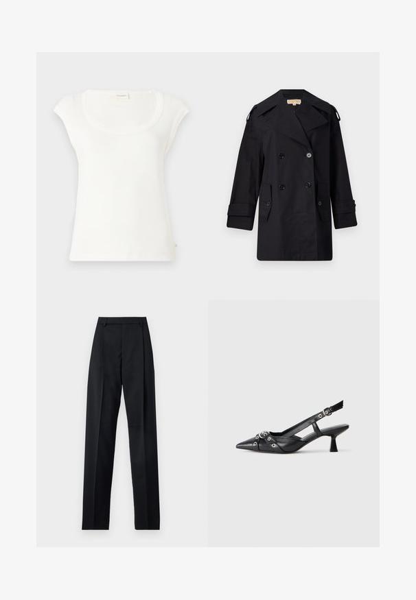 Fekete dupla gombos trench kabát széles gallérral, gombokkal és oldalsó zsebekkel. Simább anyagból készült, egyenes szabású és felhajtott ujjú.; Fehér, rövid ujjú póló, puha pamutból készült. Kerek nyakkivágással és laza fazonnal rendelkezik. A címkék a hátulján találhatók.; Fekete nadrág sima anyagból, magas derékkal, széles lábakkal, elülső redőkkel és klasszikus övhurkokkal. Oldalzsebek nem láthatók.; Fekete bőr slingback cipő hegyes orral, dekoratív pántokkal, fém szemekkel és alacsony blokk sarkú. Texturált felület.