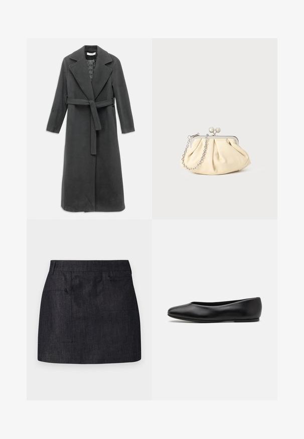 Pitkää hiilenharmaata takkia, joka on valmistettu pehmeästä kankaasta ja jossa on kärjellinen kaulus, vyötärölle solmittava vyö ja etunapit. Sujuva tekstuuri, pitkät hihat.; Mustaa neulepaitaa, jossa on pitkät hihat, pyöreä pääntie ja pieni valkoinen sydän rinnassa. Pehmeä rakenne ja ribbiohristukset hihansuissa sekä helmassa.; Tummansininen farkkuhame, jossa on suora leikkaus, kahdella etutaskulla ja hienovaraisella tekstuurilla. Siisti helma ja standardimallinen vyötärö.; Paul Smith TOPANGA - Ballerinat - black; Beige nahkaista kassi, jossa on laskostus ja hopeinen metallirunko, kaksi pyöreää koristeellista solkea sekä hopeaketjuolkayh.