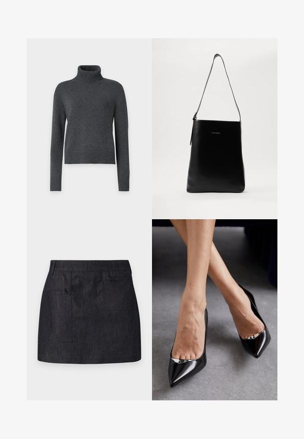 Charcoal gray long coat made of soft fabric, featuring a notched collar, belted waist, and front button closure. Smooth texture, long sleeves.; Gray turtleneck sweater made of soft knit fabric, featuring long sleeves and a ribbed hem for a fitted look.; Dark denim skirt with a straight cut, featuring two front pockets and subtle texture. Clean hemline and standard waistband design.; Black leather high-heeled shoes with a pointed toe and open design featuring a decorative silver accent. Smooth texture with polished finish.; Black leather shoulder bag with a smooth texture, rectangular shape, and a long strap; features a small white logo at the center.