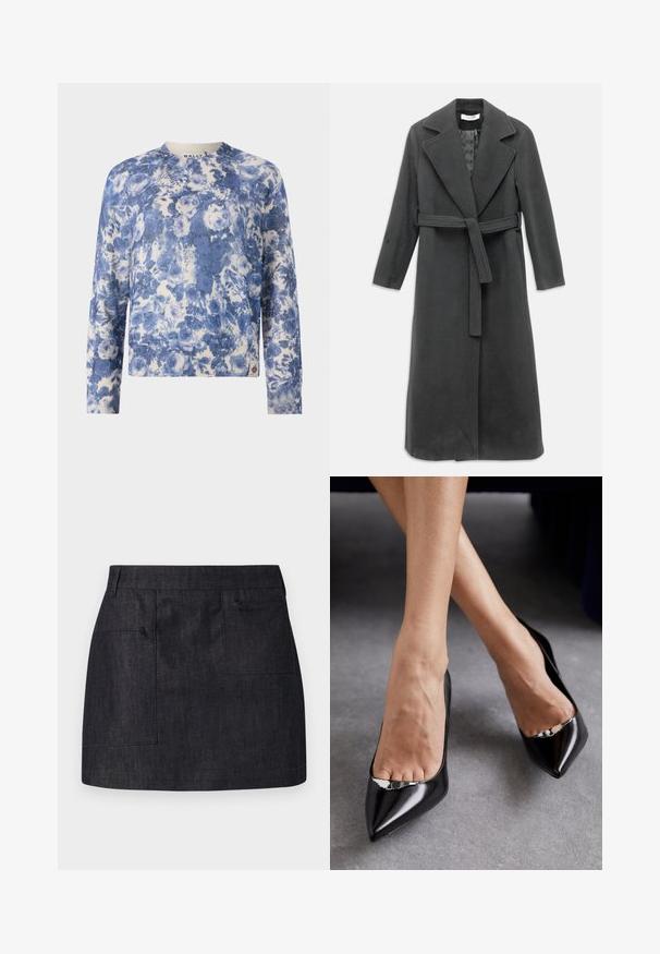 Schiefergrauer langer Mantel aus weichem Stoff, mit Reverskragen, tailliertem Bund und vorderer Knopfschließe. Glatte Textur, lange Ärmel.; Blau-weißer Pullover mit Blumenmuster, gerippte Bündchen und Saum, Rundhalsausschnitt, aus weichem Material gefertigt, mit gesticktem Logo am Saum.; Dunkelblauer Jeansrock mit gerader Passform, ausgestattet mit zwei Fronttaschen und subtiler Textur. Sauberer Saum und klassisches Taillendesign.; Schwarze Leder-Pumps mit hohem Absatz, spitzer Zehenform und offenem Design, ausgestattet mit einem dekorativen silbernen Akzent. Glatte Textur mit poliertem Finish.