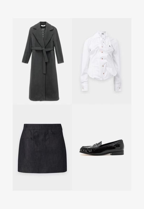Oglato sivo dolg plašč iz mehkega materiala, z ovratnikom v obliki običajnega ovratnika, pasom z zaponko in sprednjim gumbom. Gladka tekstura, dolgi rokavi.; Bela srajca z dolgimi rokavi in prirezano obliko. Ima velik ovratnik, sprednje zapiranje na gumbe v rjavi barvi in majhen izvezen logotip.; Temna denim krila s ravnim krojem, ki ima dve sprednji žepki in subtilno teksturo. Čista obrobi in standardna zasnova pasu.; Črne lakaste usnjene loafers čevlje z zaobljenim nosom, frufru detajlom in nizko blok peto. Površina ima sijajen zaključek.