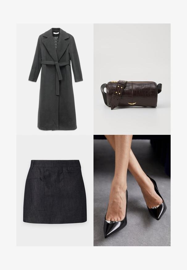 Charcoal gray long coat made of soft fabric, featuring a notched collar, belted waist, and front button closure. Smooth texture, long sleeves.; Black blouse made of soft fabric, featuring a lace-up neckline and floral pattern. Long, puffed sleeves and a relaxed fit complete the design.; Dark denim skirt with a straight cut, featuring two front pockets and subtle texture. Clean hemline and standard waistband design.; Black leather high-heeled shoes with a pointed toe and open design featuring a decorative silver accent. Smooth texture with polished finish.; Brown crocodile-embossed leather bag with a cylindrical shape, gold-tone hardware, and a detachable strap featuring studs.