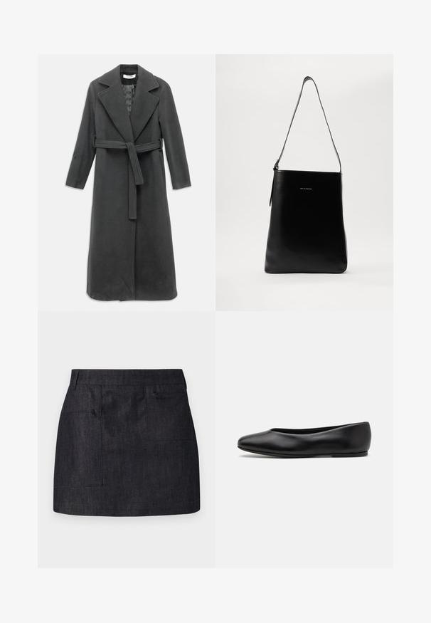 Tmavě šedý vlněný kabát s klopovým límcem, dlouhými rukávy a páskem v pase. Má rovný střih a hladkou texturu.; Černý dlouhý rukáv rolák vyrobený z hladkého materiálu, s volánkovým límcem a přiléhavým střihem s jednoduchými okraji.; Tmavě modrá džínová sukně se rovný střihem, se dvěma předními kapsami a jemnou texturou. Čistý lem a standardní design pasu.; Paul Smith TOPANGA - Klasické baleríny - black; Černá kožená kabelka na rameno s hladkým povrchem, obdélníkovým tvarem a dlouhým popruhem; na středu má malé bílé logo.