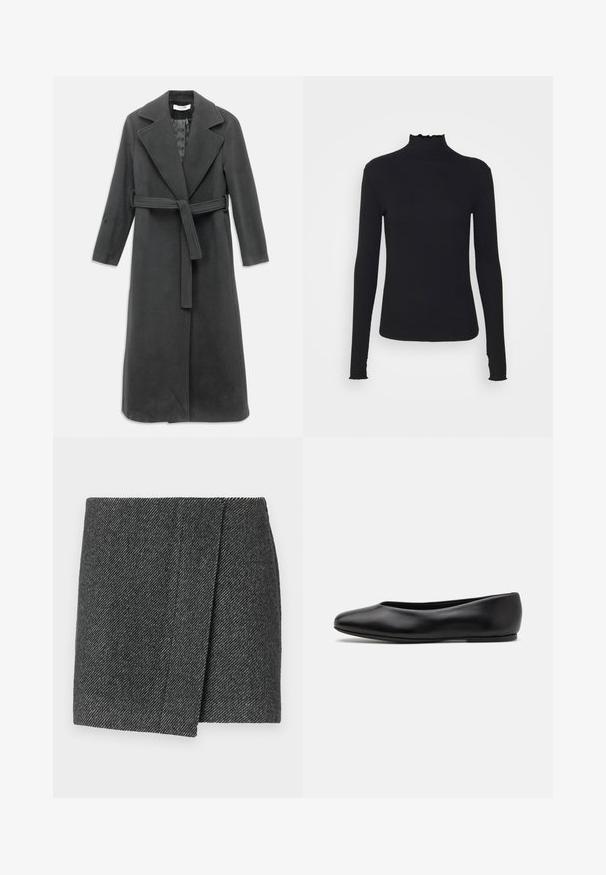 Dlouhý kabát v barvě antracitové šedé vyrobený z jemné tkaniny, s klopovým límcem, pásem v pase a předním zapínáním na knoflíky. Hladký povrch, dlouhé rukávy.; Černý dlouhý rukáv rolák vyrobený z hladkého materiálu, s volánkovým límcem a přiléhavým střihem s jednoduchými okraji.; Sukně šedé barvy s herringbone vzorem a zavinovacím designem, s texturovanou tkaninou a čistým, rovním lemem.; Paul Smith TOPANGA - Klasické baleríny - black