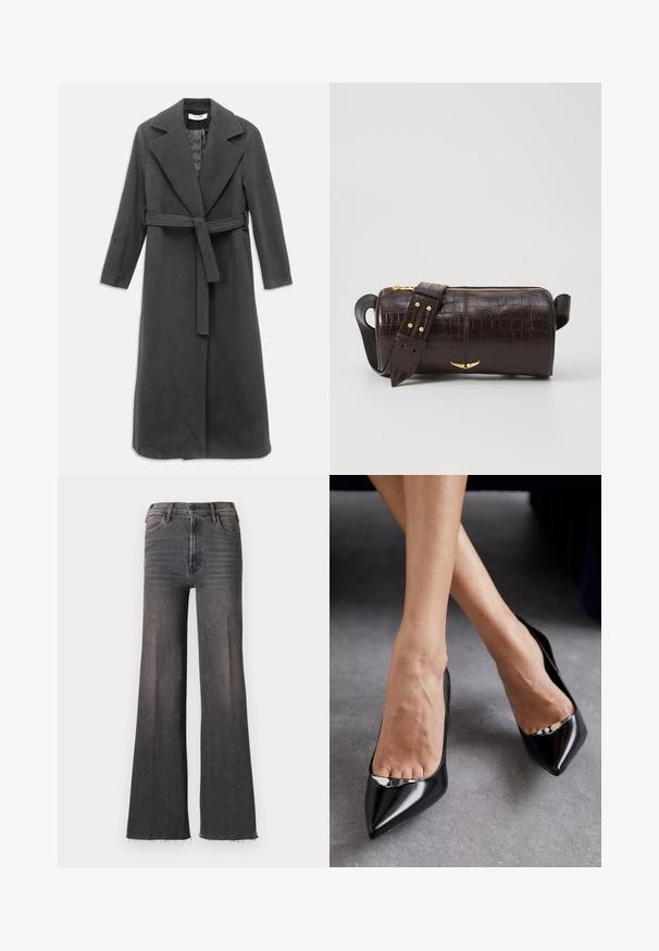 Cappotto lungo grigio antracite realizzato in tessuto morbido, con colletto a crestina, vita cintata e chiusura frontale con bottoni. Tessuto liscio, maniche lunghe.; Maglione nero a maniche lunghe con colletto a dolcevita realizzato in tessuto morbido, caratterizzato da un collo arricciato e una silhouette aderente con bordi semplici.; Jeans a gamba larga neri sbiaditi a vita alta con chiusura a bottoni, tasche frontali e orli sfrangiati.; Scarpe nere in pelle con tacco alto, punta affilata e design aperto, caratterizzate da un accento decorativo in argento. Texture liscia con finitura lucida.; Borsa in pelle stampata a coccodrillo marrone con forma cilindrica, accessori in tonalità oro e una tracolla staccabile con borchie.