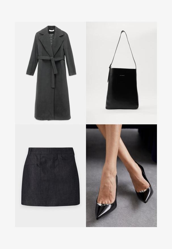 Kullfarvet lang frakke lavet af blødt stof, med spids krave, bælte i taljen og foran knappelukning. Glat tekstur, lange ærmer.; Hvid kortærmet t-shirt lavet af ribbet stof. Rund halsudskæring, almindelig pasform og subtile syninger. Ingen mønstre eller grafik.; Mørk denimnederdel med lige snit, der har to forlommer og en subtil tekstur. Ren kant og standard taljedesign.; Sorte læder højhælede sko med spids tå og åben design, der har en dekorativ sølvaccent. Glat tekstur med poleret finish.; Sort læder skuldertaske med en glat overflade, rektangulær form og en lang rem; har et lille hvidt logo i midten.