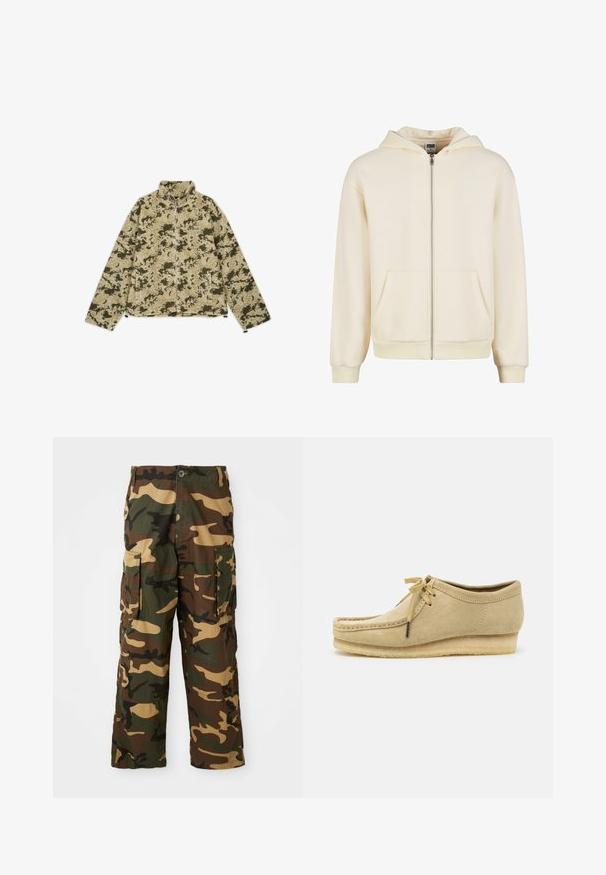 Zöld és bézs álcázott bolyhos dzseki magas gallérral, cipzáras záródással és oldalzsebekkel. Texturált, puha felülettel rendelkezik.; Krém színű zipzáros kapucnis pulóver, puha anyagból készült, béléses kapucnival, elülső zsebekkel és bordázott mandzsettákkal és aljjal a kényelmes illeszkedés érdekében.; Fehér pamut póló rövid ujjal, kerek nyakú, laza szabású, és nincsenek látható logók vagy minták. Simább textúra és minimalista dizájn.; Zöld, barna és bézs álcázó cargo nadrág. Két nagy oldalzsebbel és gombos záródással rendelkezik. Textúrált anyagból készült.; Beige velúr cipő fűzővel, varrott részletekkel és gumitalppal. A fazon laza, enyhén sarokkal rendelkezik.