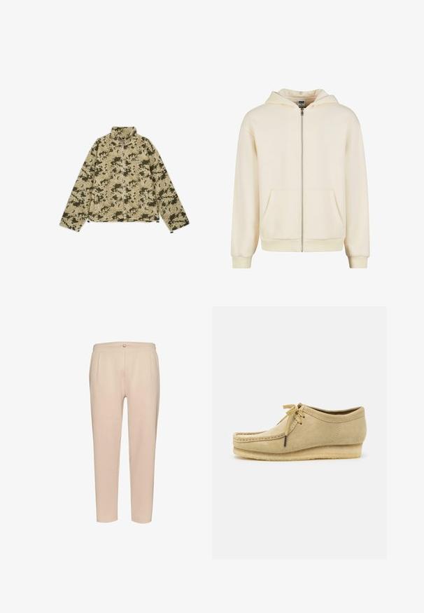 Grüne und beige getarnte Fleecejacke mit hohem Kragen, Reißverschluss und seitlichen Taschen. Verfügt über eine strukturierte, weiche Oberfläche.; Cremfarbener Zip-Hoodie aus weichem Stoff, mit gefütterter Kapuze, frontalen Taschen und gerippten Bündchen sowie Saum für einen engen Sitz.; Weiße Baumwoll-T-Shirt mit kurzen Ärmeln, rundem Ausschnitt, lockerer Passform und ohne sichtbare Logos oder Muster. Glatte Textur und minimalistisches Design.; Beige Ripp-Hosen mit einer taillierten Taille, ausgestattet mit vorderen Falten, einem kleinen Knopfverschluss und tapered Beinen. Weicher Stoff.; Beige Wildlederschuh mit Schnürdesign, gestickten Details und Gummisohle. Die Form ist lässig mit einem leichten Keilabsatz.