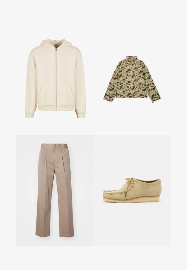 Groene en beige camouflage fleecejack met een hoge kraag, ritssluiting en zijzakken. Heeft een gestructureerd, zacht oppervlak.; Crème kleurige zip-up hoodie gemaakt van zachte stof, met een gevoerde capuchon, voorzakken en ribbelmanchetten en -zoom voor een aansluitende pasvorm.; Witte katoenen tanktop met een ronde halslijn, brede schouderbanden en een rechte zoom, met een gladde textuur en zonder zichtbare patronen.; Beige, hoge taille broek met een wijde pijpontwerp. Bevat twee voorplooien en een soepele textuur. Standaard lengte met een nette afwerking.; Beige suède schoen met een vetersluiting, gestikte details en een rubberen zool. De vorm is casual met een lichte sleehak.